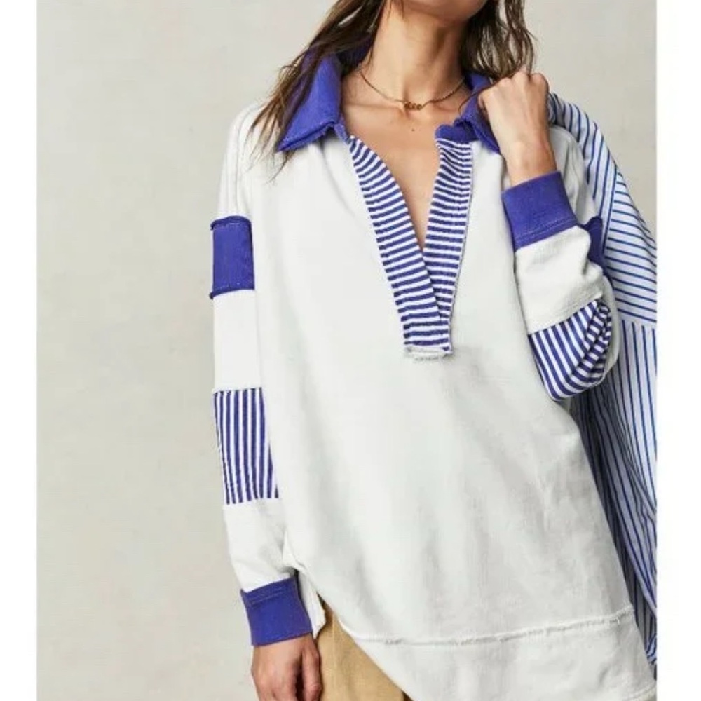 Free People We the Free Clean Prep Polo White Blue Sailor Pullover Sweater - Picture 2 of 11